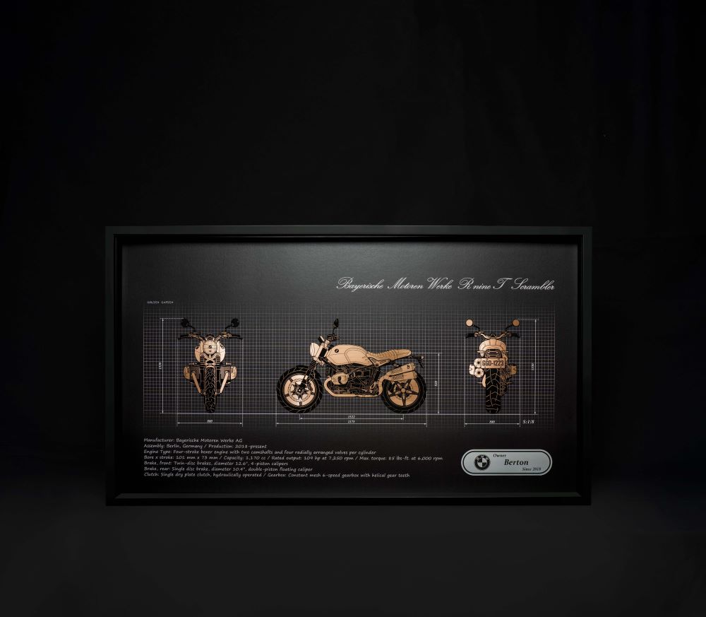Personalised Porsche three-view automotive artwork in a black display frame